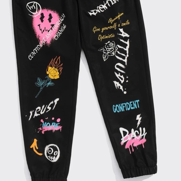 Expression & Letter Graphic Drawstring Waist Pants - Picture 2 of 3